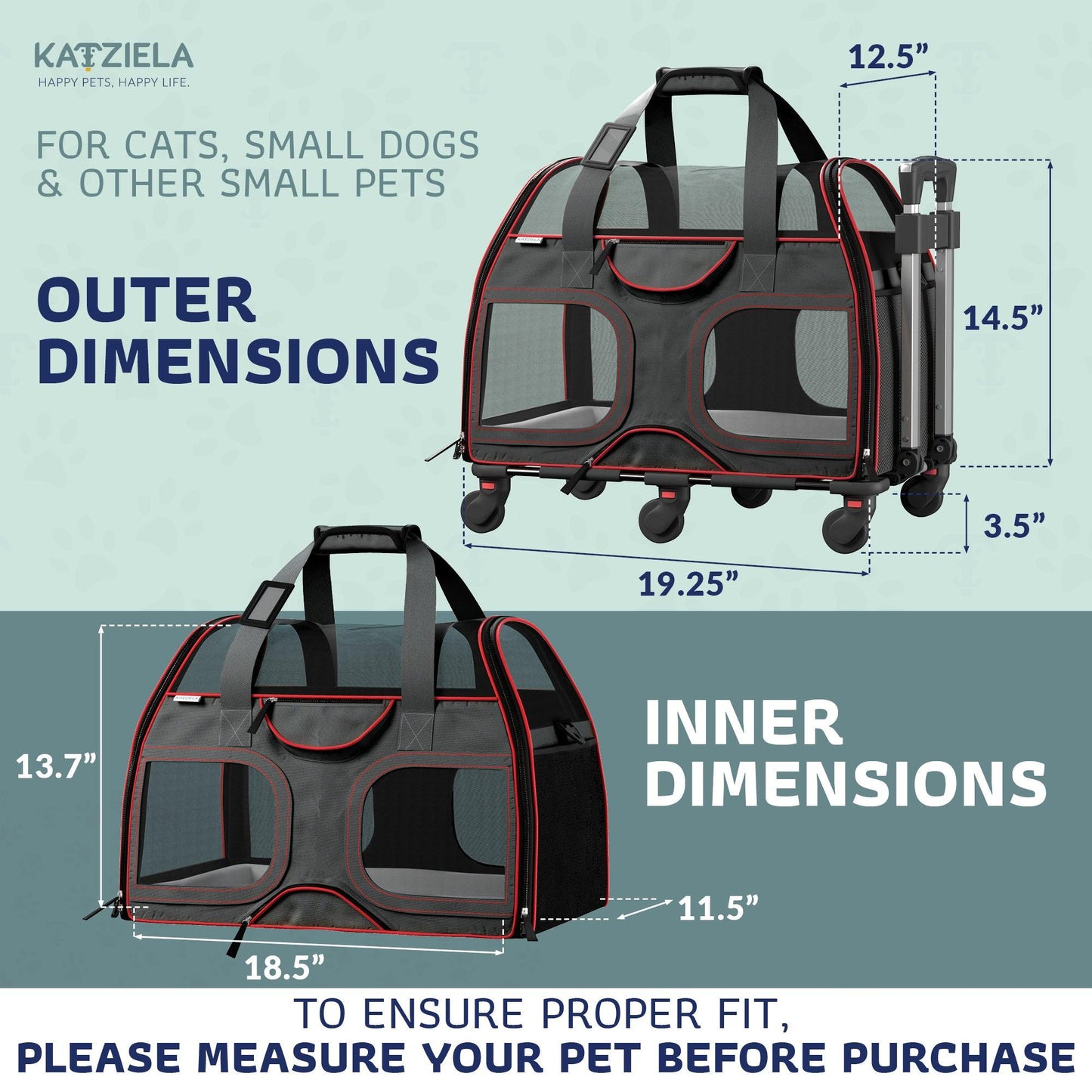 Gray pet carrier with red trim, mesh windows, wheels, and telescopic handle