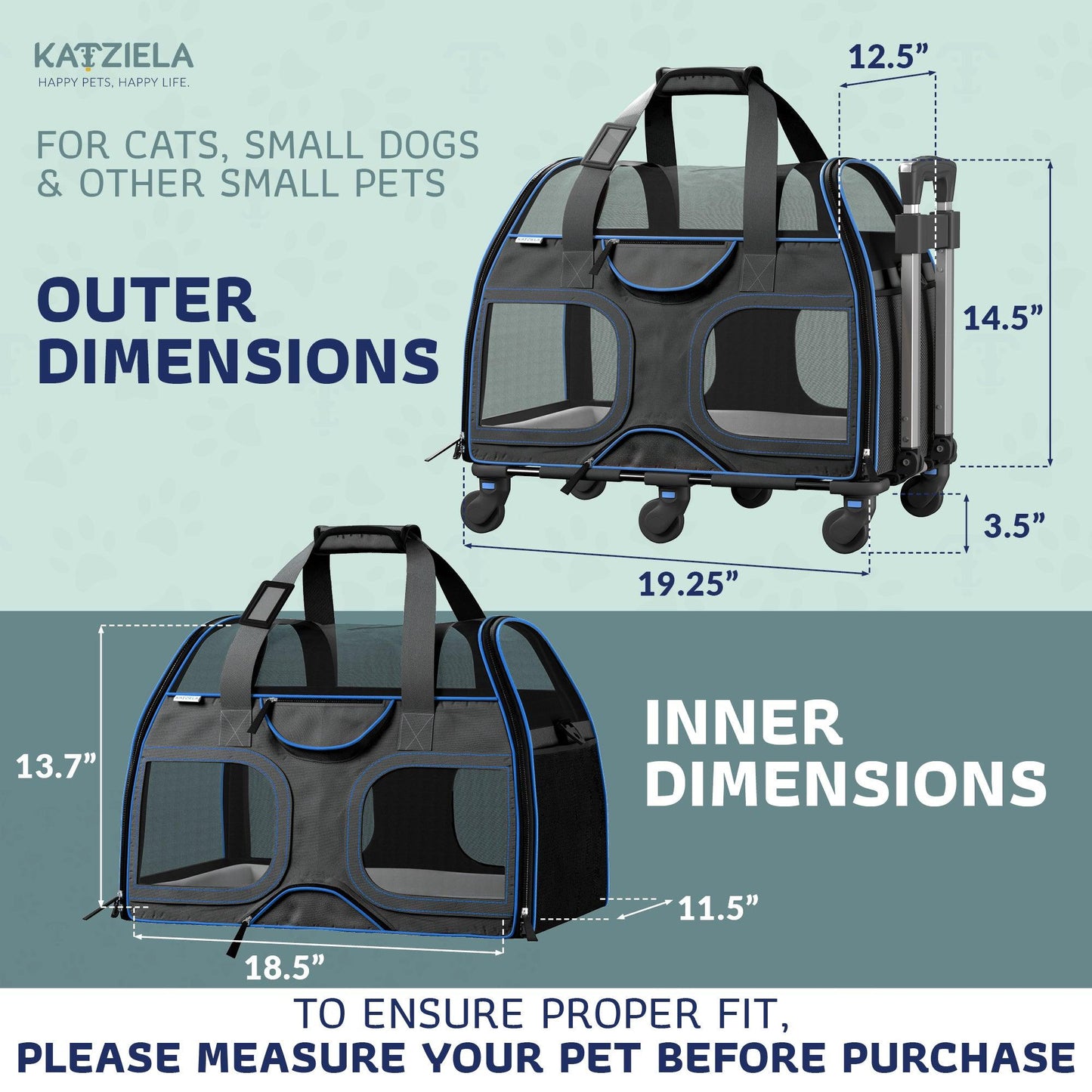Gray pet carrier with orange trim, telescopic handle and removable wheels, dimensions shown