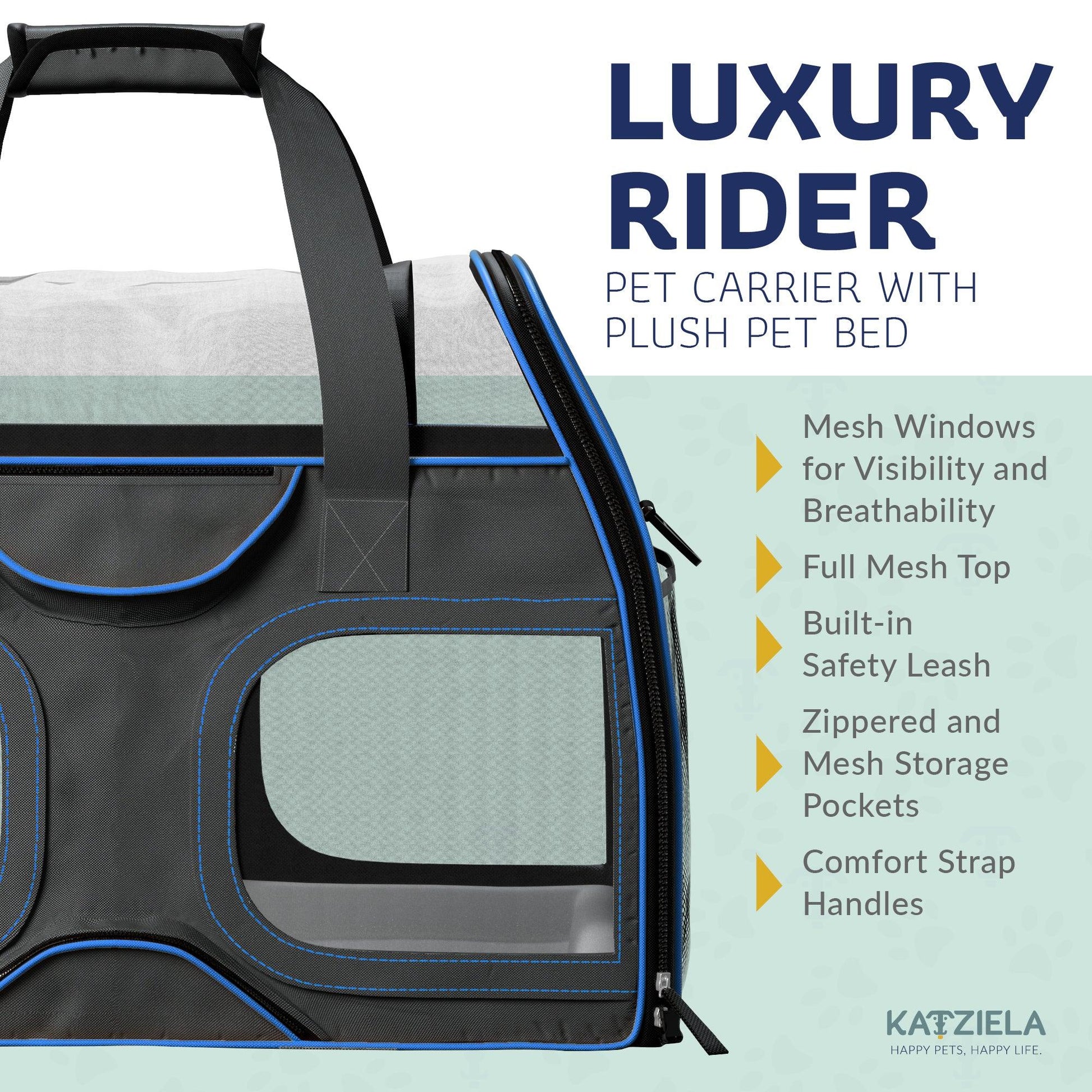Black pet carrier with mesh window panels and blue-trim details