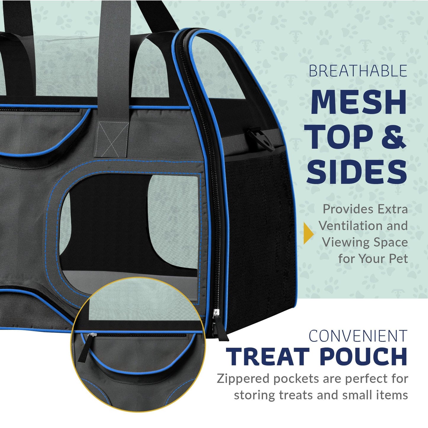 Black pet carrier with blue trim, full mesh top, and side mesh panels