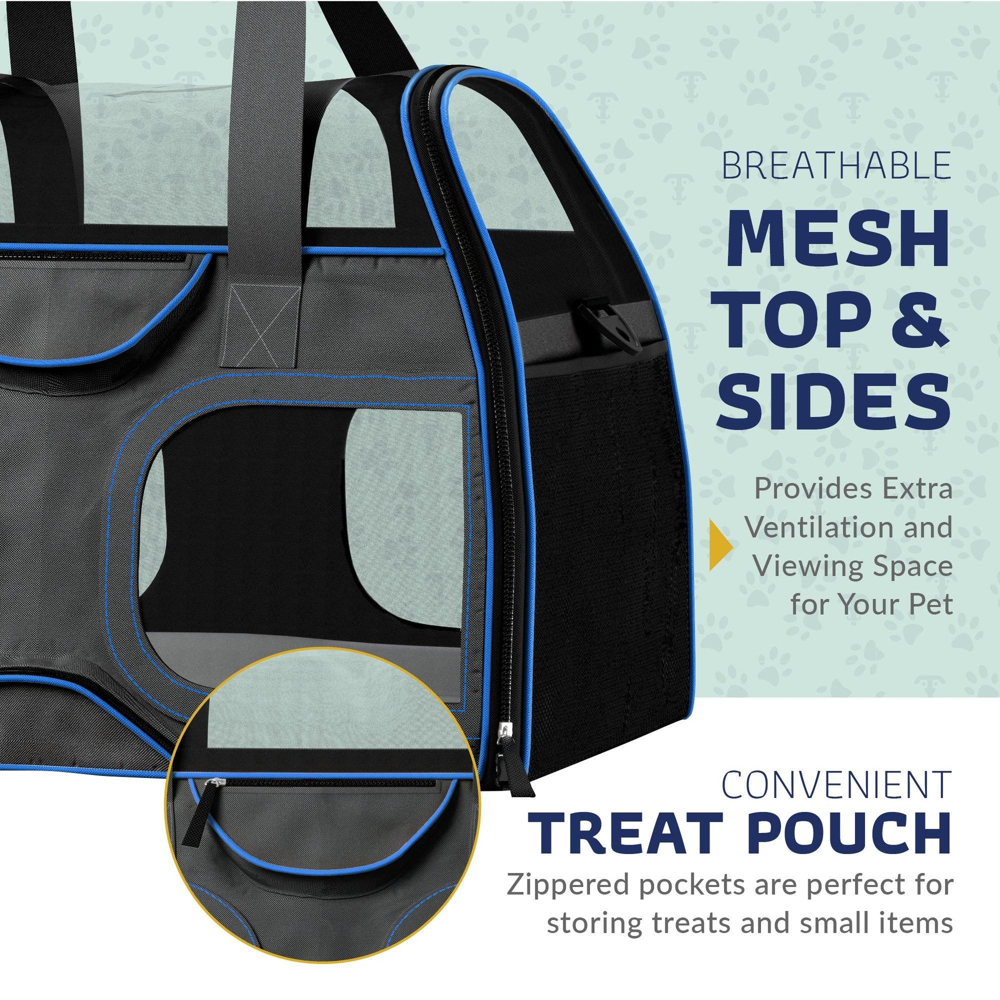 Black pet carrier with blue trim, full mesh top, and side mesh panels
