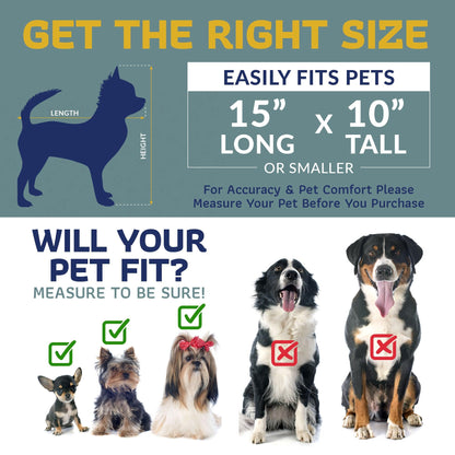 Pet carrier size guide graphic with dog silhouettes and fit check icons