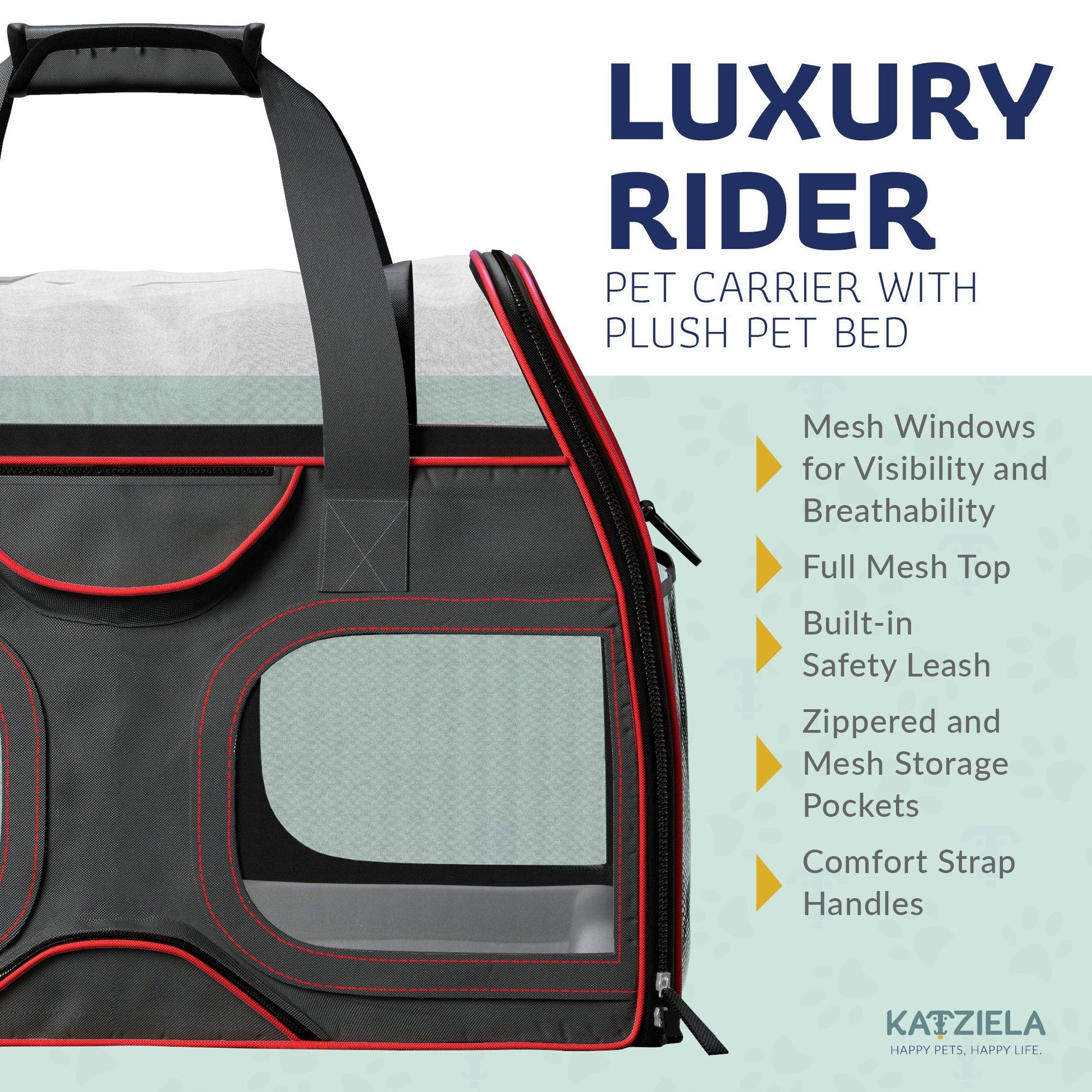 Gray pet carrier panel with red-trim mesh window and zippered side door