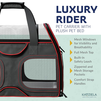 Gray pet carrier panel with red-trim mesh window and zippered side door