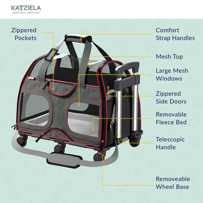 Gray pet carrier with red trim, top handle, side doors, and removable fleece bed