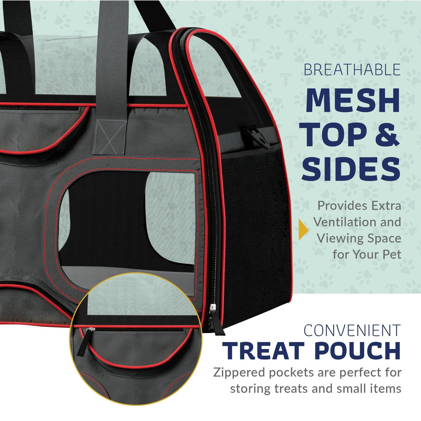 Gray pet carrier with red trim, mesh top and sides, and front treat pouch