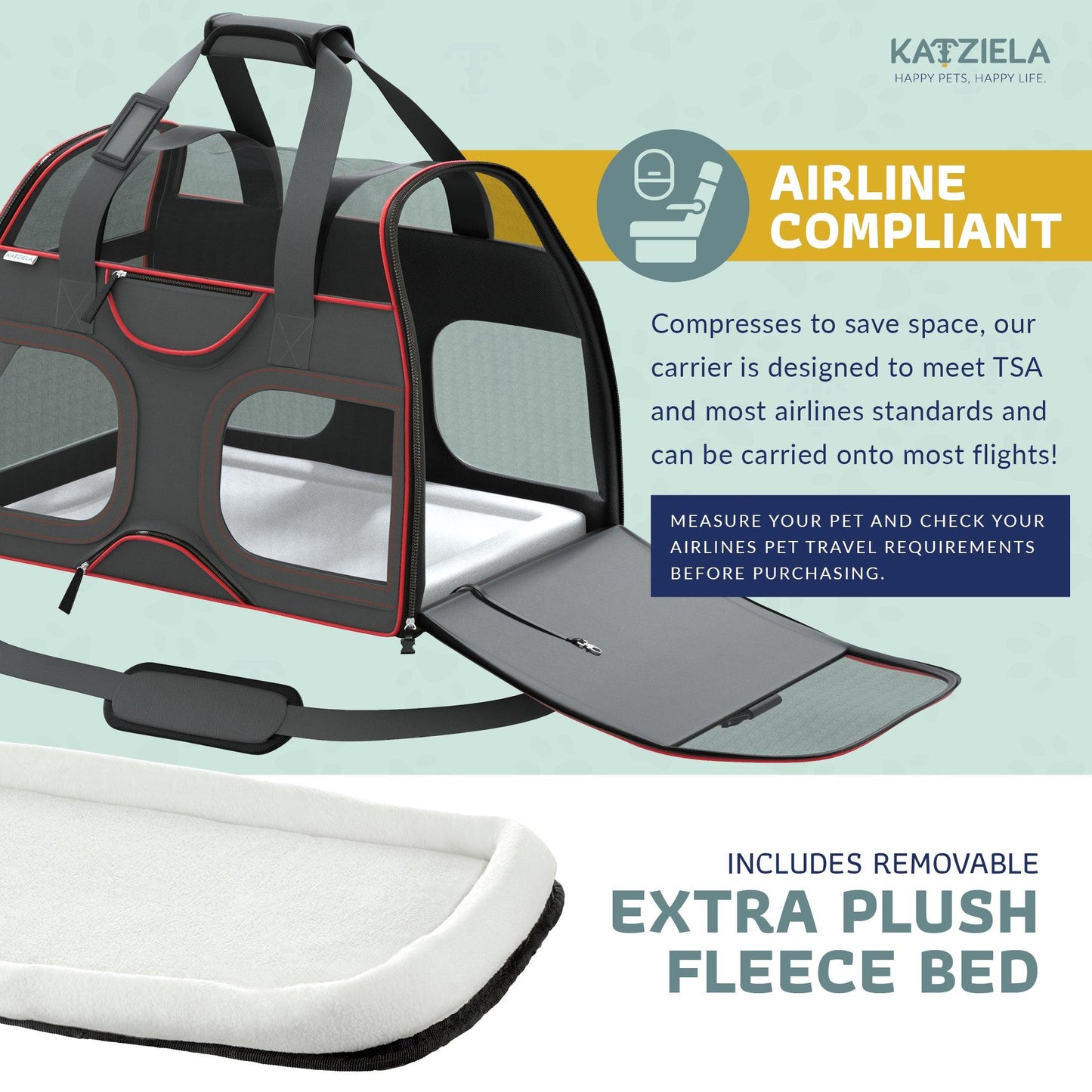 Gray pet carrier with red trim, telescopic handle, wheels, and plush fleece bed