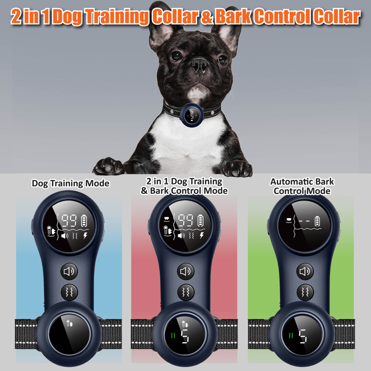 Two-in-one dog training collar kit with remote, receiver, and training mode icons