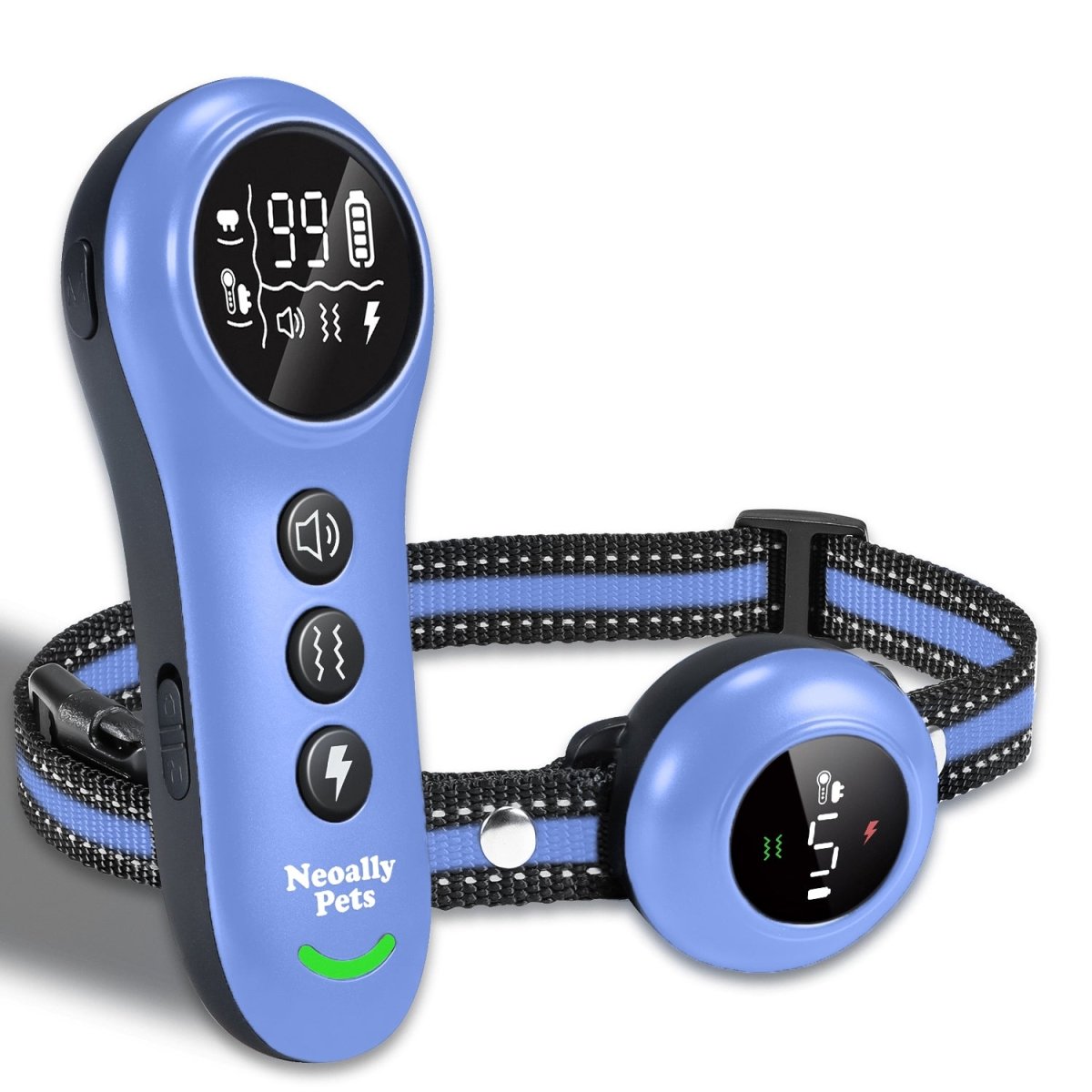 Light blue dog training and bark control collar kit with remote and round receiver