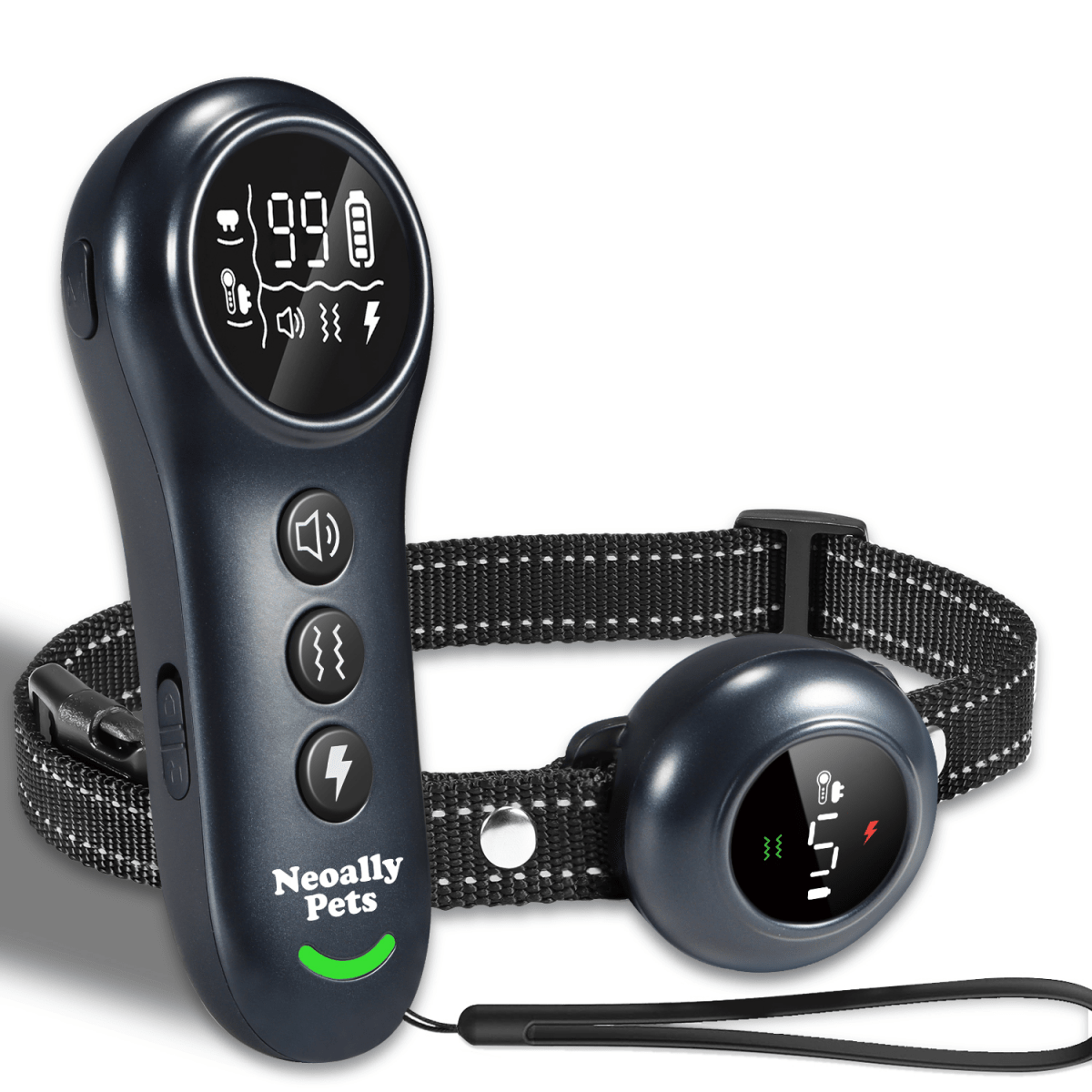 Automatic dog training and bark control collar with black remote and round receiver