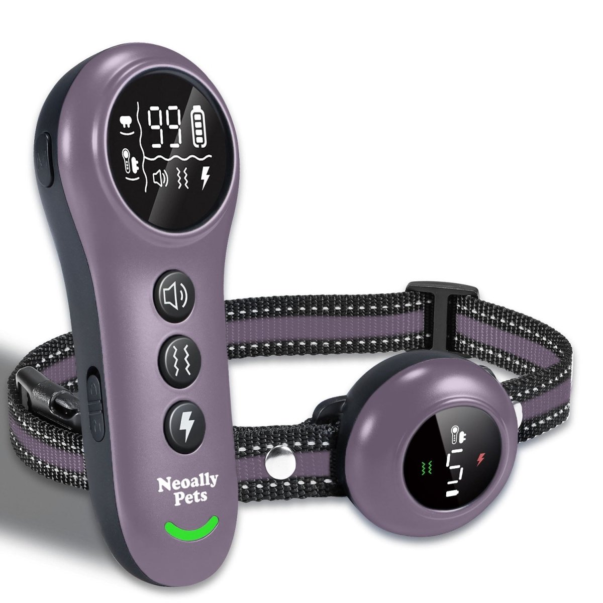 Purple dog training and bark control collar kit with remote and round receiver