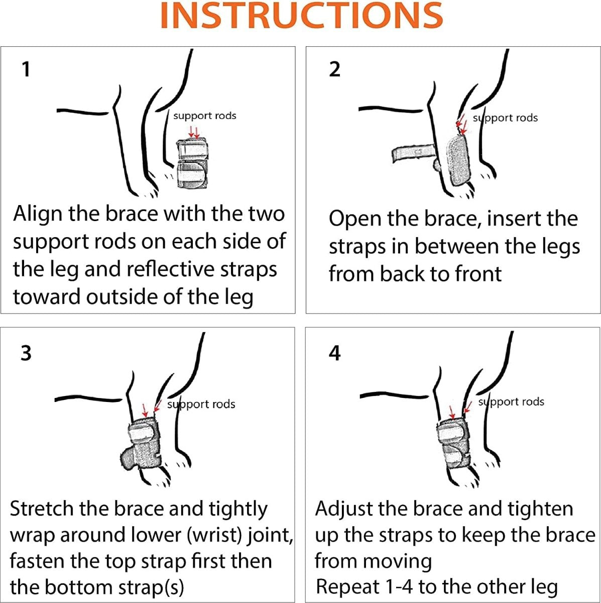 Dog leg brace instructions showing support rods and wrap straps on leg