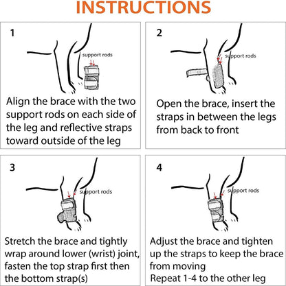 Dog leg brace instructions showing support rods and wrap straps on leg