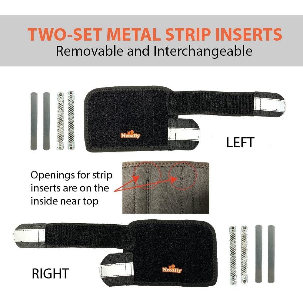 Left and right dog splint braces with removable metal strip inserts
