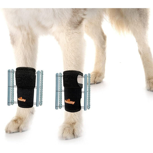 Black front leg dog splint brace with reflective straps and insert supports (pair)
