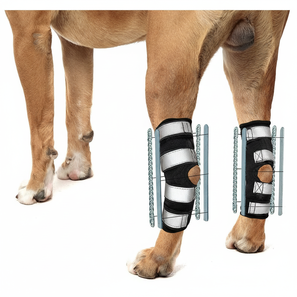 Dog wearing two long rear leg hock braces with black padding and metal rods