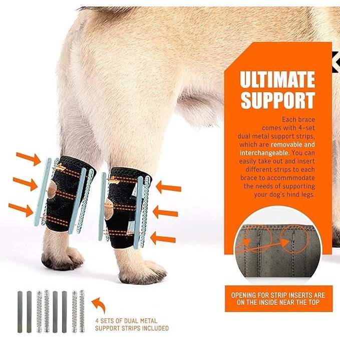 Black rear leg brace with reflective straps and metal insert support, worn on hind leg