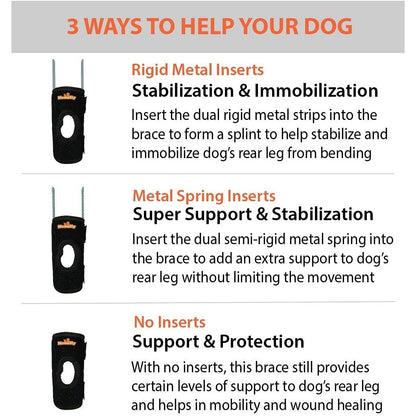 Rear leg brace with three insert options: rigid metal, spring, or no inserts