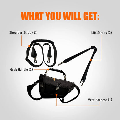 Dog lift harness parts diagram: shoulder strap, lift straps, grab handle, vest harness