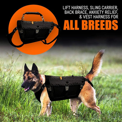 Black dog lifting sling harness with front carrier panel and back lift straps