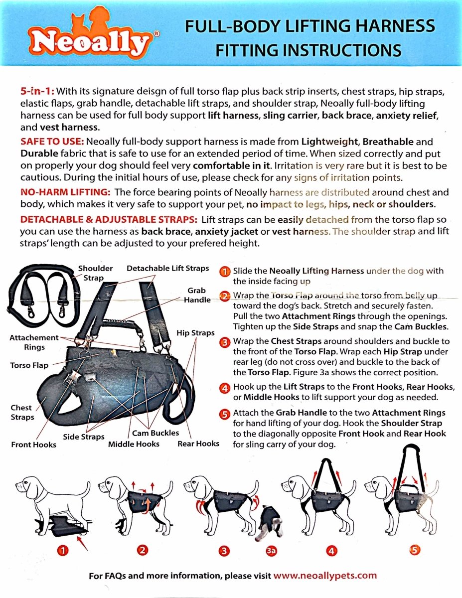 NeoAlly full-body dog lifting harness fitting instructions diagram