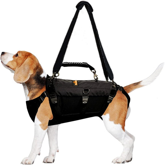 Black full-body dog lift harness with shoulder straps and front grab handle