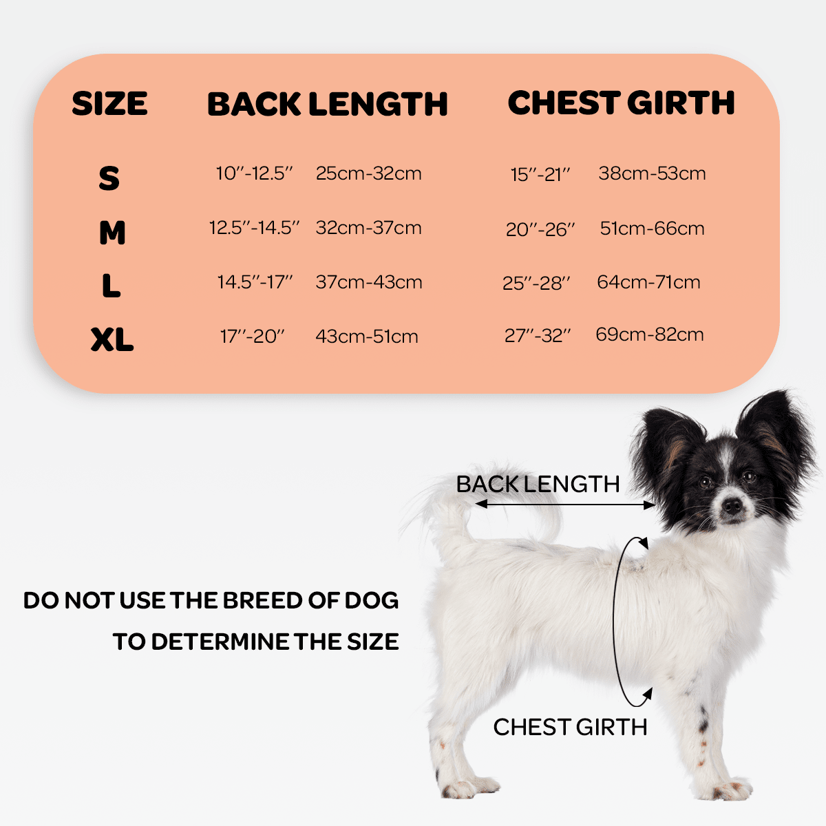 Dog back brace size chart with back length and chest girth measurement guide