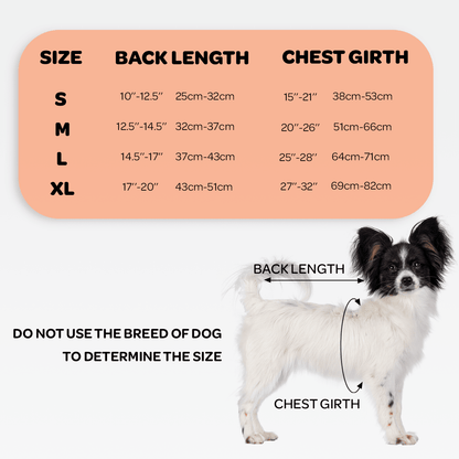 Dog back brace size chart with back length and chest girth measurement guide