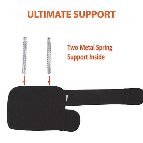 Black adjustable dog leg brace wrap with two vertical metal spring support rods