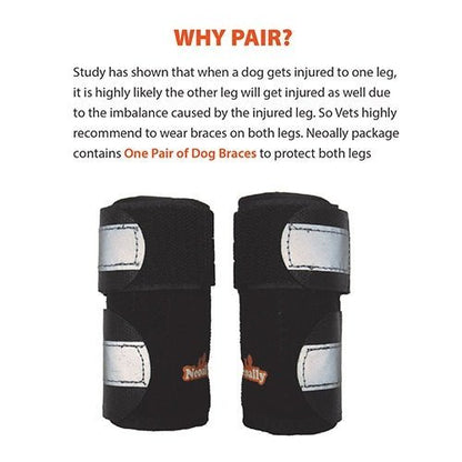 Pair of black dog front leg braces with gray reflective patches and secure velcro straps