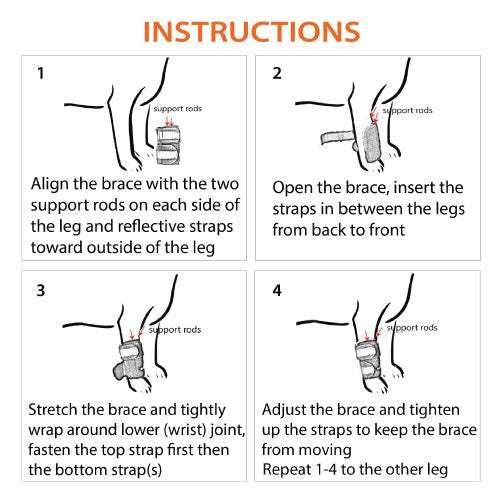 Dog leg brace showing support rods and strap system for fitting between legs