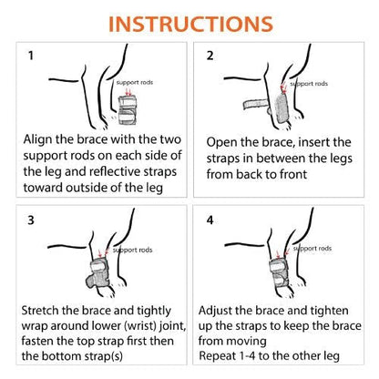 Dog leg brace showing support rods and strap system for fitting between legs