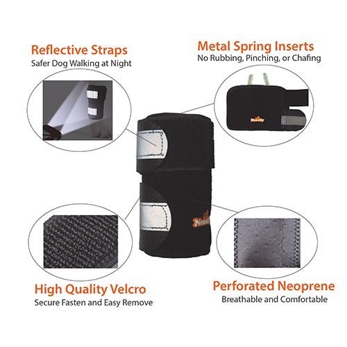 Black neoprene dog leg brace with perforated panels, velcro closures, reflective straps