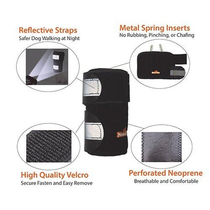 Black neoprene dog leg brace with perforated panels, velcro closures, reflective straps