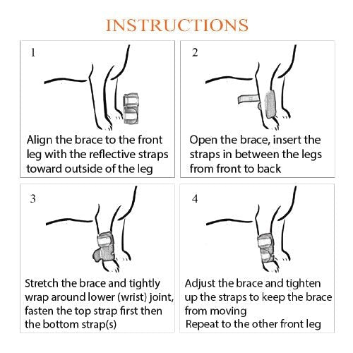 Front leg brace set instructions showing strap alignment and tightening steps