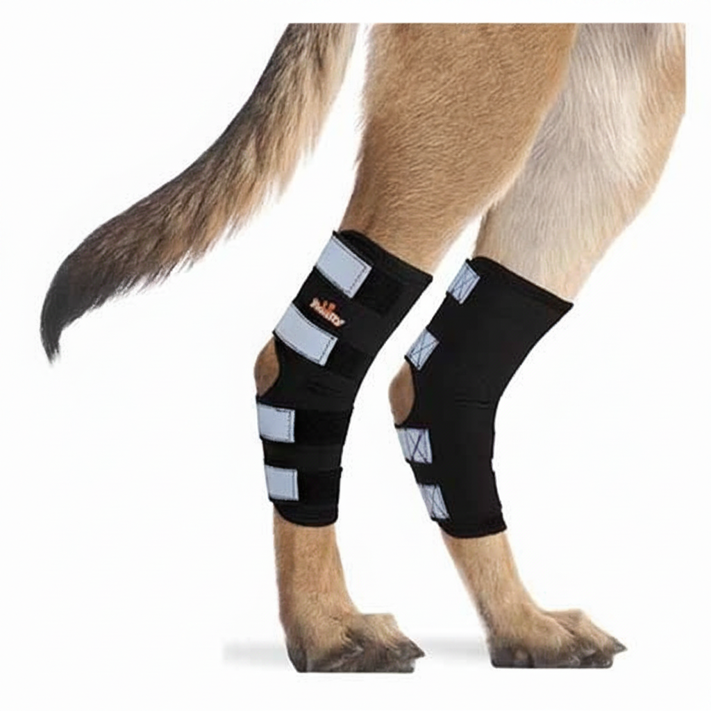 Dog wearing two rear leg hock and ankle braces; black straps with reflective pads