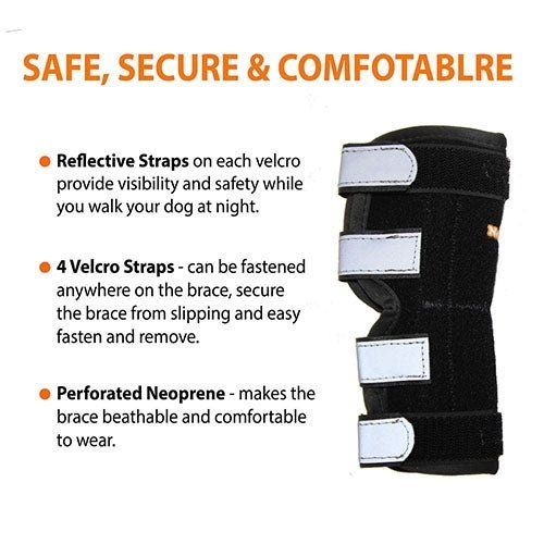 Black dog hock brace with reflective straps, perforated neoprene, and multiple Velcro bands
