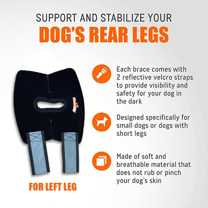 Left-side black dog rear leg hock brace with reflective gray straps