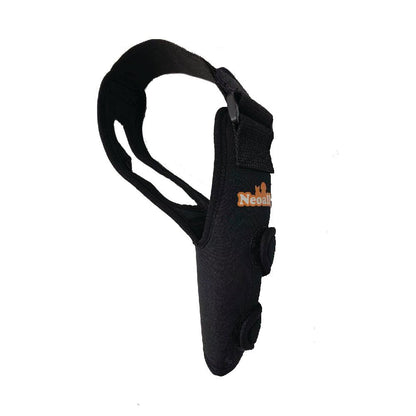 Black dog elbow and shoulder brace, curved sleeve with Velcro closure and support panel.