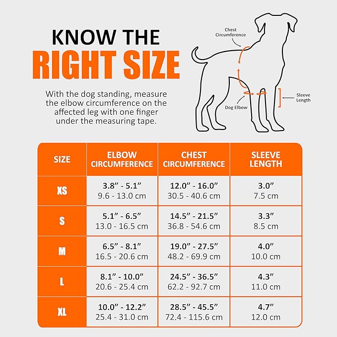 Size chart infographic for dog elbow and shoulder brace, with elbow and chest measurements.