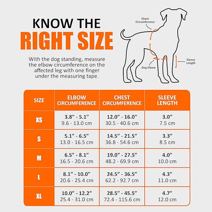 Size chart infographic for dog elbow and shoulder brace, with elbow and chest measurements.