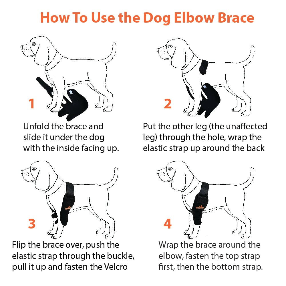 How-to-use infographic for dog elbow brace, showing strap placement steps.