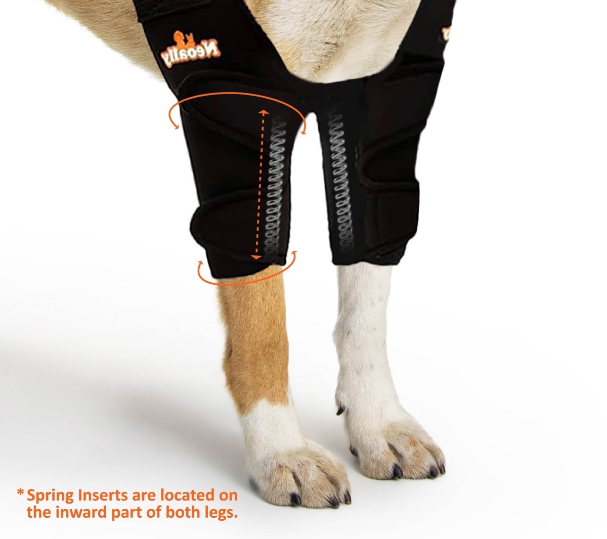 NeoAlly close-up of black spring insert elbow brace sleeves on both front legs
