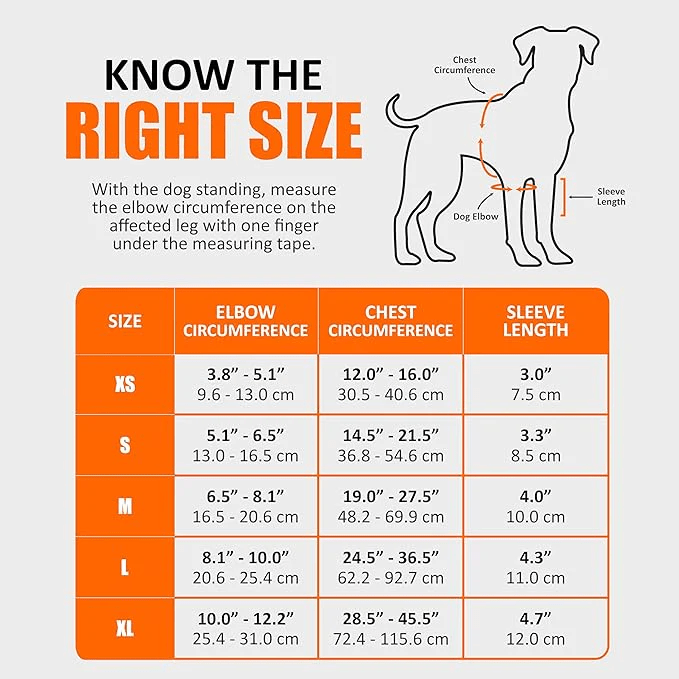 NeoAlly dog elbow and shoulder brace size chart with measurement guide