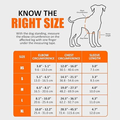 NeoAlly dog elbow and shoulder brace size chart with measurement guide