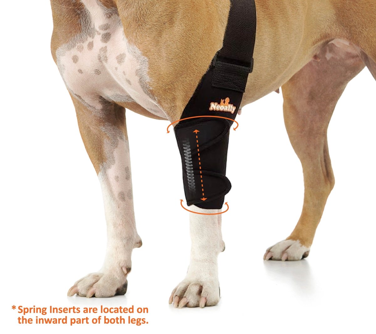 NeoAlly black dog elbow and shoulder brace with spring insert sleeve on front leg, front view
