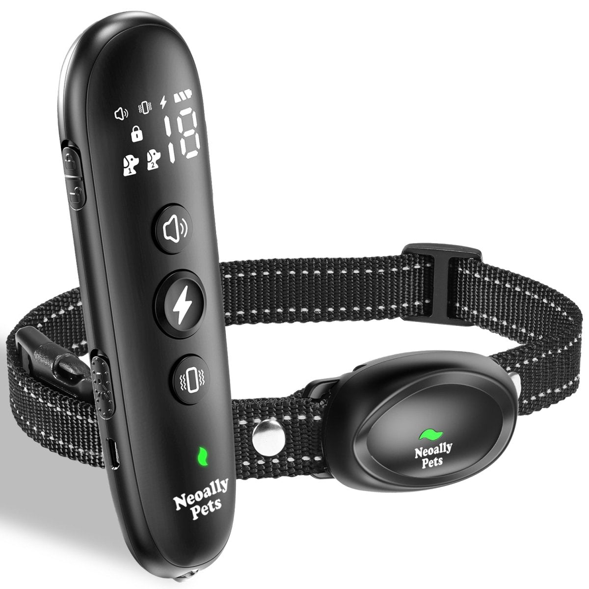Black remote dog training collar with wrist-style strap and glowing indicator lights