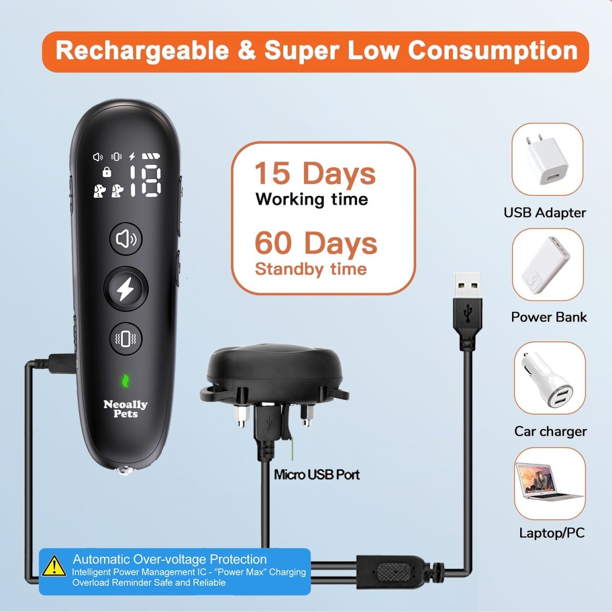 Rechargeable remote dog training collar with USB charging and power options diagram