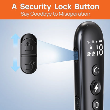 Black remote dog training collar with security lock button and lock icon shown