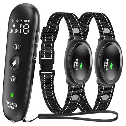 Black remote and dual receiver-style collars with braided fabric straps